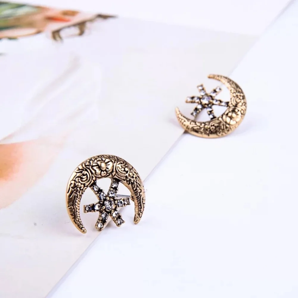 Textured Bronze Crescent Starburst Earrings
